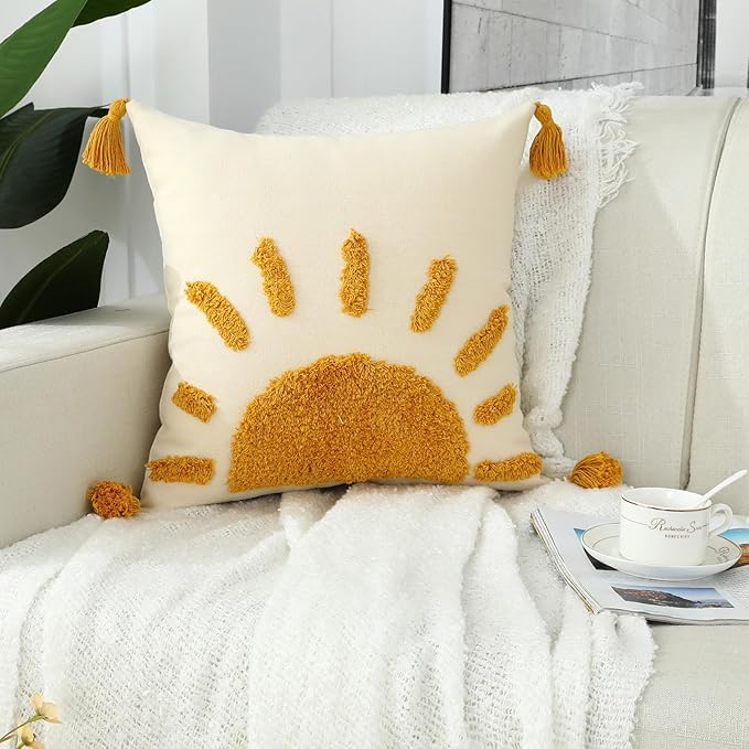 Boho Throw Pillow Covers 18x18, Woven Tufted Sun Decorative Pillow Covers with Tassels Moroccan Modern Pillowcase for Sofa Bedroom Living Room Home Decor, Yellow