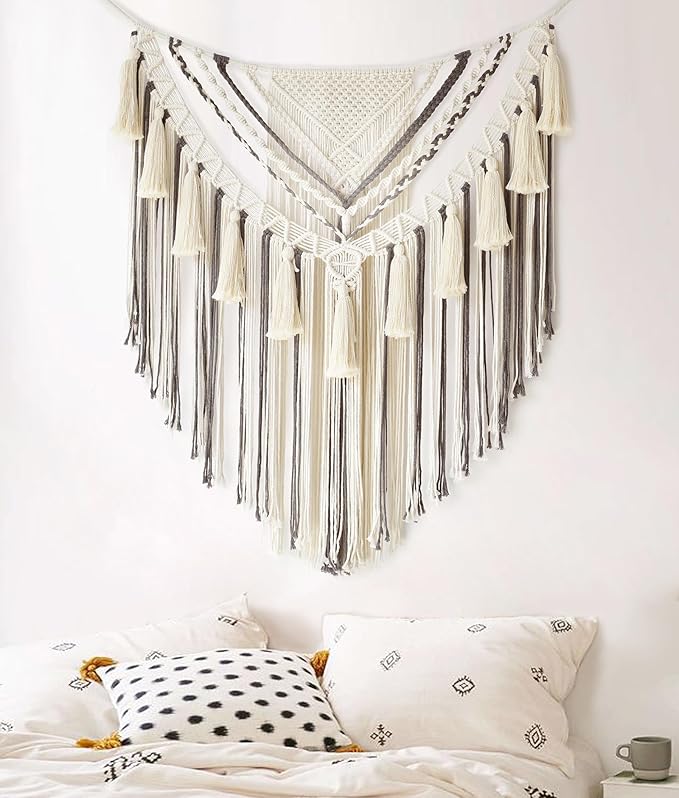 Jakalin Macrame Wall Hanging Grey Small Macrame Wall Decor Panels Handmade Wall Art Home Living Room Bedroom Decor,31" Wx 39" L
