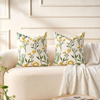 Embroidered Floral Throw Pillow Covers Summer Decorative Couch Pillow Covers Farmhouse Green Floral Tufted Pillow Covers 20x20 Square Cushion Cases Set of 2 for Living Room Couch Sofa Bed Home Decor