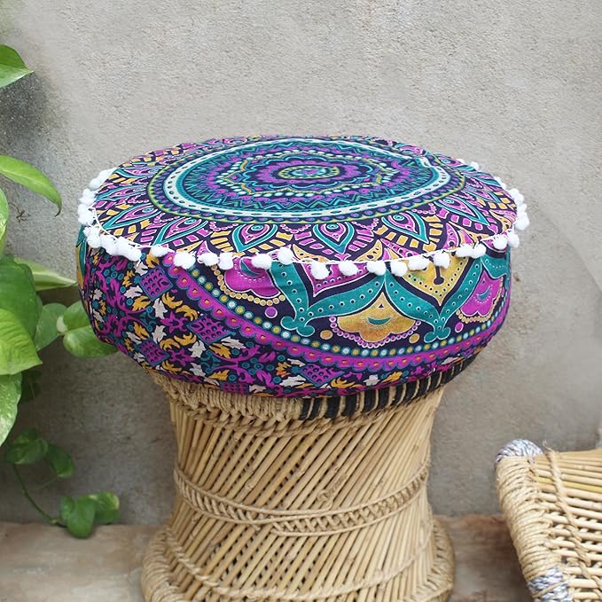 CRAFT KALA Large Hippie Mandala Meditation Floor Ottoman Pillow Cushion Pouf Cover Square Poufs Bohemian Circle Floor Cushion Case Outdoor Fireplace Yoga Living Room Decor Cover New Pink, 18" Round