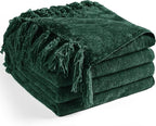 Chenille Throw Blanket for Couch 50"X 60", Soft Cozy Throws with Fringe Tassel for Bed Sofa Chair Cover, Lightweight Knitted Decorative Boho Blankets for Living Room, Dark Green