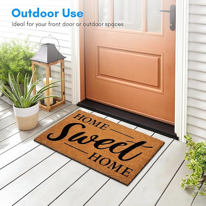 PLUS Haven 17.5x30 Home Sweet Home Door Mat with Heavy-Duty Backing - Coco Coir Doormat for Outdoor or Indoor Uses - Non-Slip Welcome Mats for Entryway or Porch - Easy to Clean - Natural Brown