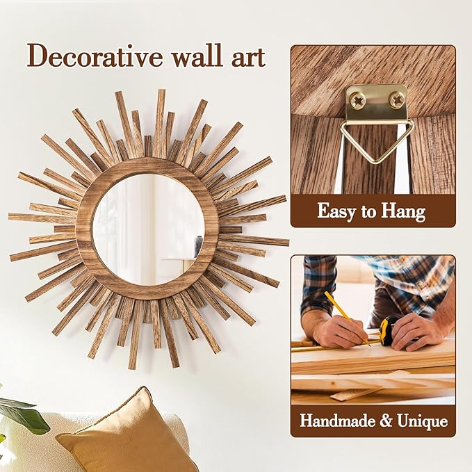 24 Inch Boho Sunburst Mirror, Round Wooden Wall Decor Starburst Sun Mirror for Bedroom, Living Room, Bathroom, Hallway, Balcony, Farmhouse Entryway, Housewarming Gift