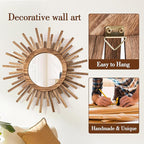 24 Inch Boho Sunburst Mirror, Round Wooden Wall Decor Starburst Sun Mirror for Bedroom, Living Room, Bathroom, Hallway, Balcony, Farmhouse Entryway, Housewarming Gift