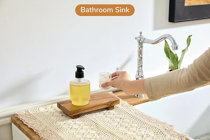 X-Small 8.5" Acacia Wood Riser Pedestal Stand, Farmhouse Bathroom and Kitchen Sink Decor, Decorative Wood Tray for Counter, Soap Dish Holder, Vanity Tray (XS: 8.5" x 4.0" x 1.57")