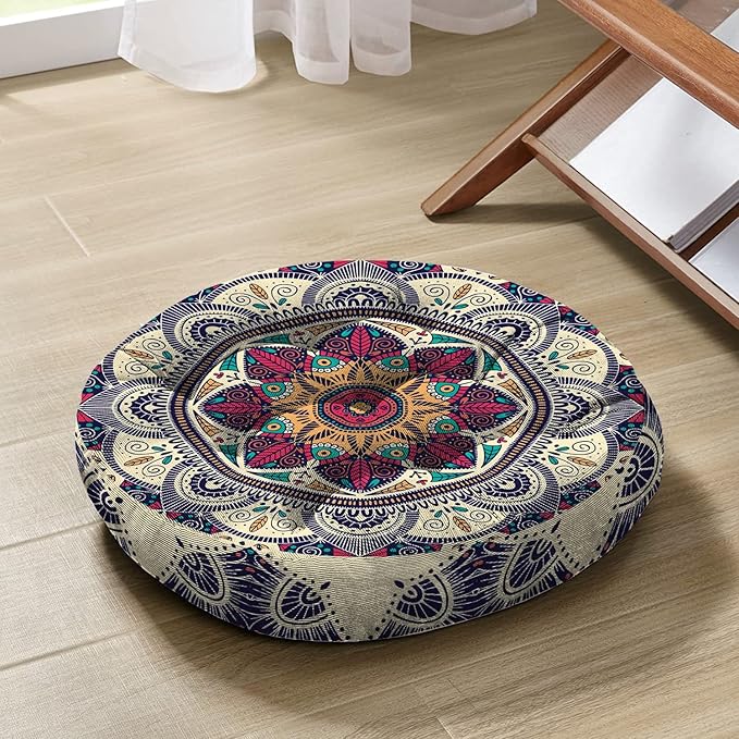 Mandala Meditation Cushion, Boho Meditation Mat, Meditation Pillows for Sitting on Floor, Cushions for Sitting in Home and Outdoor, Round Floor Pillows Cushion Seating for Yoga Accessories 22'' X 22''