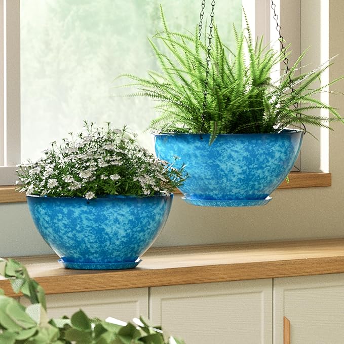 2 Pack 10 inch Hanging Planters, Plastic Hanging Plant Pots with Drainage Hole and Chain, Hanging Flower Pots for Outdoor Indoor Plants (Snowflake Blue)