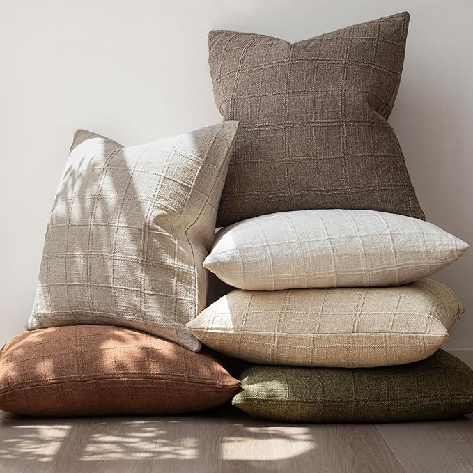Foindtower Set of 2 Decorative Linen Check Throw Pillow Covers Neutral Farmhouse Vintage Cushion Covers Cozy Modern Boho Home Decor for Sofa Chair Couch Bedroom Living Room,14×36 Inch,Taupe Grey