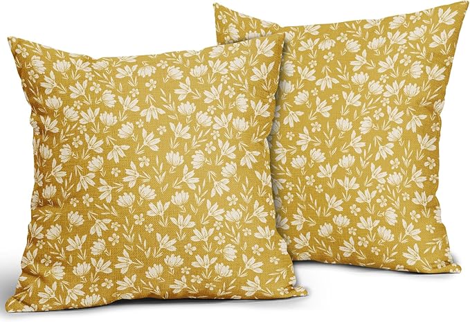 Yellow Pillow Covers 18x18 Set of 2 Vintage Floral Rustic Old Style Cute Flower Print Decorative Outdoor Pillowcases Seasonal Farmhouse Throw Cushion Case Decor for Couch Sofa Bed