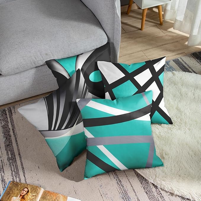 Emvency Set of 4 Teal Throw Pillow Covers Modern Abstract Black Grey Stripes Gray White Acrylic Bold Decorative Pillow Cases Home Decor Square 18x18 Inches Pillowcases