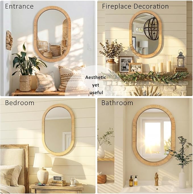 Handmade Rattan Mirror for Bathroom Vanity – Oval Wicker Frame Boho Wall Decor - Natural Nursery Decor Accent (20" x 30")