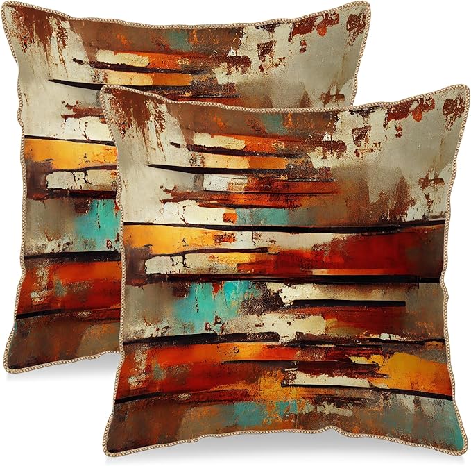 Burnt Orange Teal Rust Soft Velvet Throw Pillow Covers Set of 2 Abstract Vintage Metalic Copper Pillow Covers 18x18 Inch Retro Colorful Pillow Case For Sofa Couch Living Room Farmhouse Home Decor
