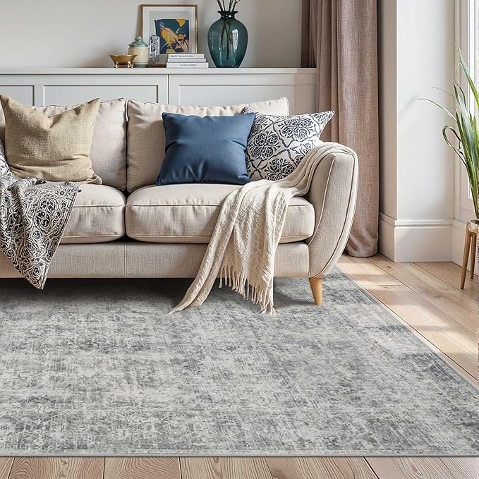 4x6 Area Rugs for Living Room Bedroom, Large Washable Rug, Grey Vintage Abstract Boho Rug, Non Slip & Low Pile Wool Carpet for Indoor Dining Room, Farmhouse, Kids Room and Office(Grey 4x6ft)