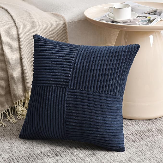 Fancy Homi 2 Packs Navy Blue Euro Decorative Throw Pillow Covers 26x26 Inch for Living Room Couch Bed, Farmhouse Boho Home Decor, Soft Corss Corduroy Patchwork Textured Square Cushion Case 66x66 cm