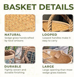 Set of 3 Handwoven Sedge Grass Baskets with Turquoise Brocade Cover – Decorative Woven Storage Baskets for Laundry, Toys & Blankets – Natural Wicker Hampers for Home & Bedroom Decor