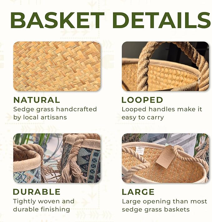 Set of 3 Handwoven Sedge Grass Baskets with Turquoise Brocade Cover – Decorative Woven Storage Baskets for Laundry, Toys & Blankets – Natural Wicker Hampers for Home & Bedroom Decor