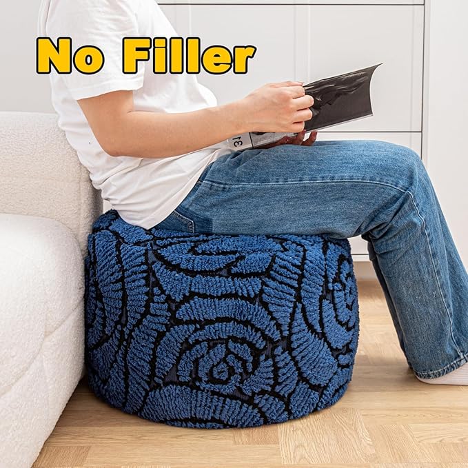 Asuprui Fluffy Flower Pouf Ottoman Cover Only – 20"x14" Round Plush Fuzzy Pouf Shell for Footrest, Stool or Floor Seat, Soft Removable Home Decor (No Insert Included) (Navy Blue)