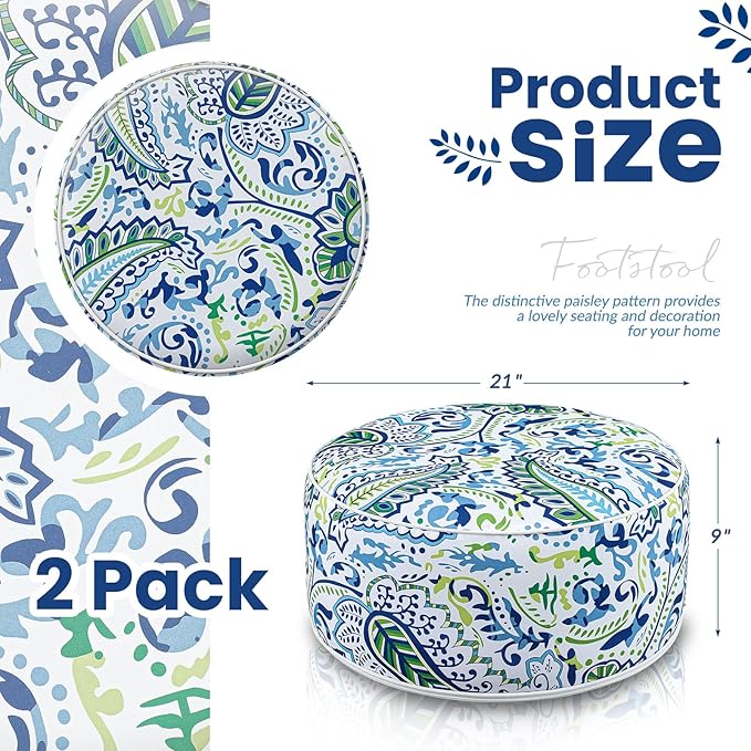 Outdoor Inflatable Ottoman Waterproof Pouf Ottoman with Handle D21 x H9, Water Repellent Portable Footstool for Patio Garden Camping or Home(Paisley)