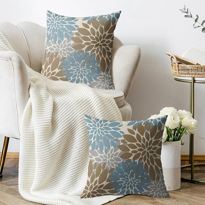 Light Brown Blue Pillow Covers 16X16 Inch Set of 2, Spring Summer Floral Dahlia Flower Cream Decorative Throw Pillow Covers Outdoor Modern Farmhouse Cushion Case for Home Couch Sofa Bed Decor