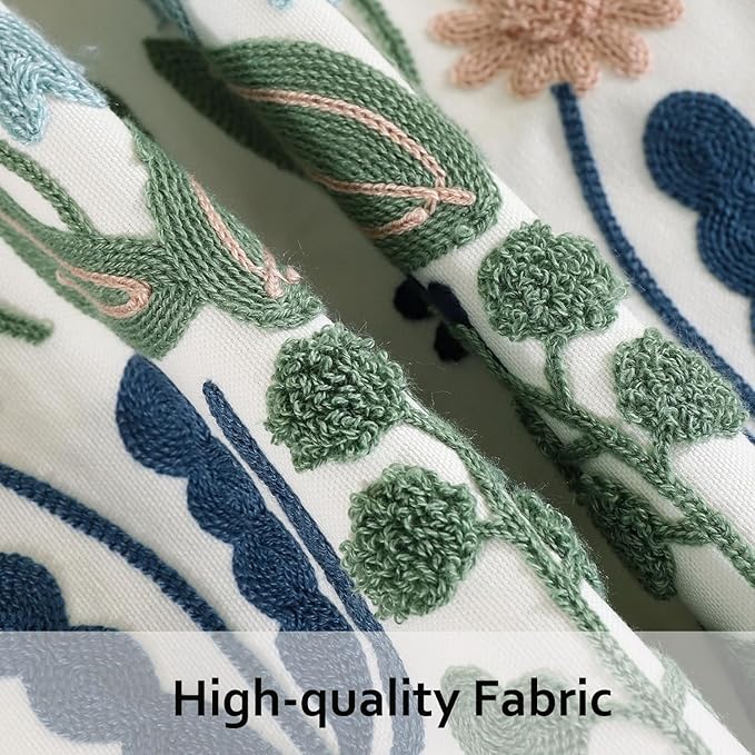 Tosleo Flower Embroidered Throw Pillow Covers 16x16 Pack of 2 Green Leaves with Birds Floral Tufted Pillowcases Spring Summer Decor Coastal Pillow Cushion Cases Square Navy Blue Flower Pillow Case
