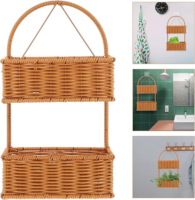 OUNONA Wall-Mounted Imitation Rattan Woven Basket 14.96X8.26X4.72In Hanging Storage Organizer for Kitchen Bathroom Fruits Vegetables Toiletries Space-Saving