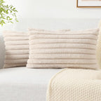 Pallene Faux Fur Plush Lumbar Throw Pillow Covers 12x20 Set of 2, Luxury Soft Fluffy Striped Decorative Pillow Covers for Sofa, Couch, Living Room, Apricot