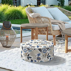 Indoor/Outdoor Inflatable Ottoman D21 x H9 inch, Round Footstool Inflatable Foot Rest Ottoman with Handle, Portable Ottomans Pouf for Patio, Garden, Camping, Home, Breeze Leaves Beige