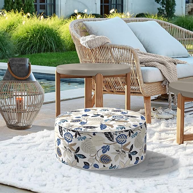Indoor/Outdoor Inflatable Ottoman D21 x H9 inch, Round Footstool Inflatable Foot Rest Ottoman with Handle, Portable Ottomans Pouf for Patio, Garden, Camping, Home, Breeze Leaves Beige