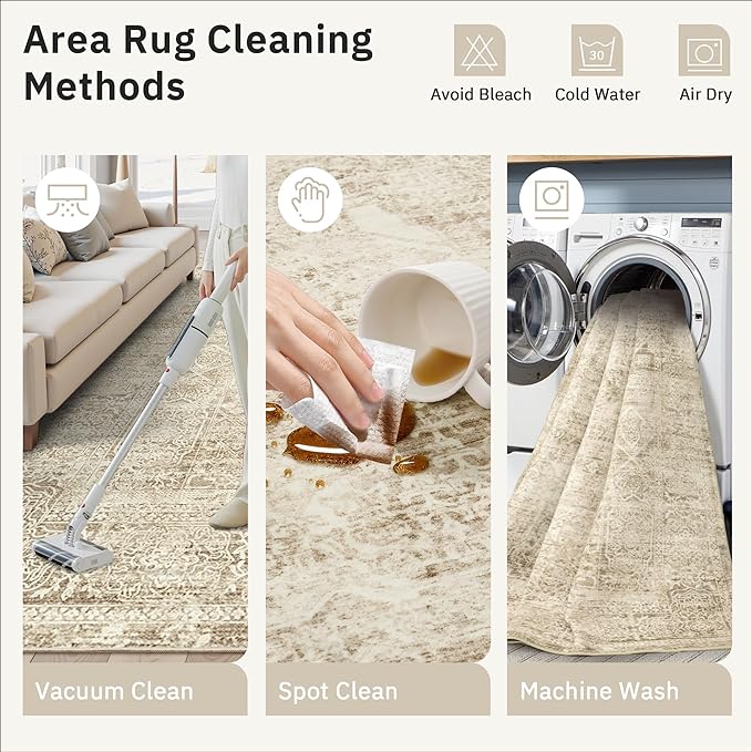 Washable Area Rug 8x10, Large Soft Rugs for Living Room Vintage 8x10 Area Rugs for Bedroom Dining Room Floral Non-Slip Thin Brown