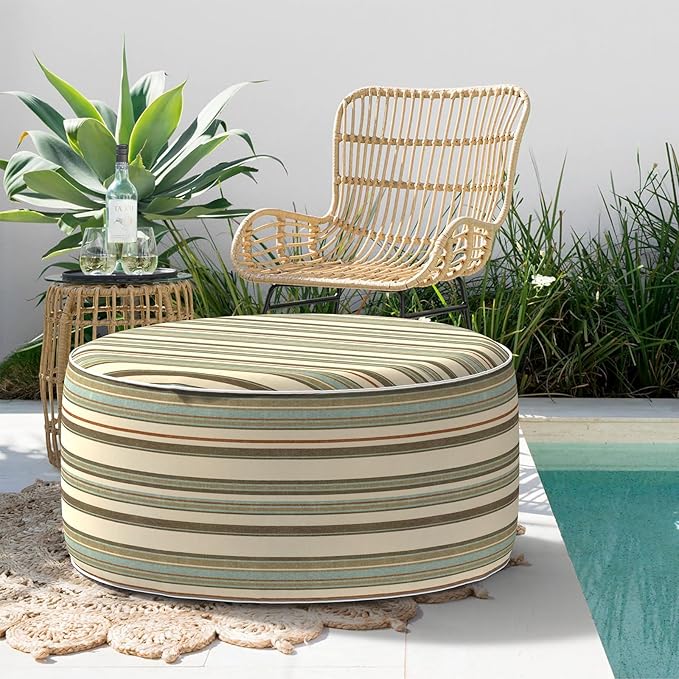 Indoor/Outdoor Inflatable Ottoman, All Weather Ottoman Pouf D31 x H14 inch, Round Foot Rest Ottomans Portable Footstool for Patio, Garden, Porch, Home,Stripe Onyx