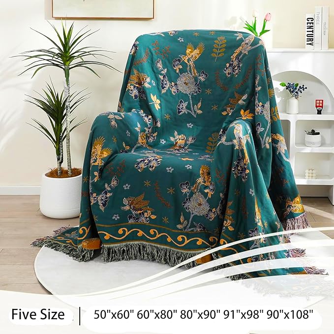 Boho 100% Organic Cotton Muslin Throw Blanket 50" x 60" - All Season Rustic Ultra Soft Breathable Floral Bird Blanket for Bed Sofa Couch Chair Bedspread Quilt Gift-Teal/Beige