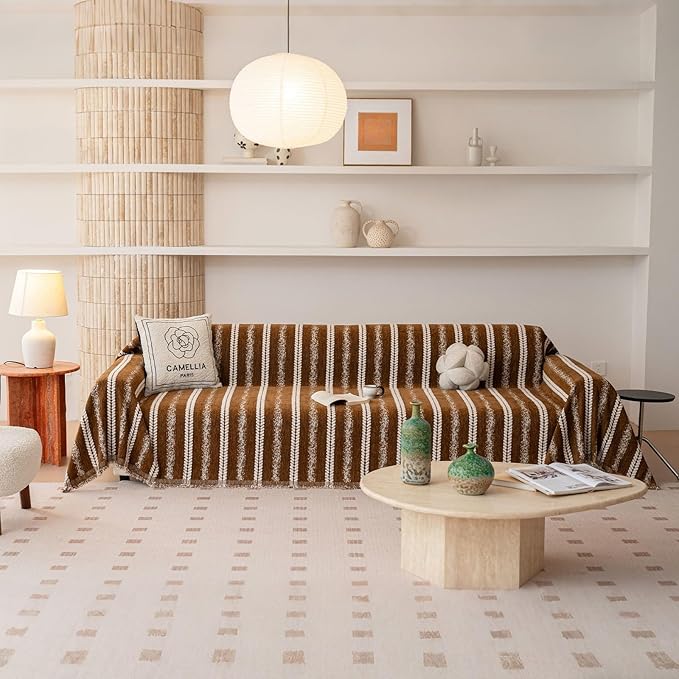 VClife Sofa Cover Bohemian Striped Pattern Couch Cover for Oversized Sofa - Caramel Brown Creamy White Textured Sofa Slipcover Washable Furniture Protector for Couch Decorative Couch Cushion Cover