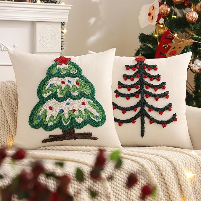 Tosleo Christmas Tufted Pillow Covers 18 x 18 inch Set of 2 Green Xmas Tree with Red Star Throw Pillow Cover Party Decor Winter Holiday Embroidery Cushion Case for Sofa Couch Bed Living Room