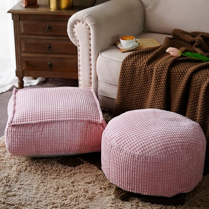 SUTAVIA Pouf Ottoman Cover Unstuffed Pouf Seat Decorative Soft Storage Bean Bag 20x20x8 Inches Floor Footrest for Living Room Bedroom (Dusty Pink, Round)