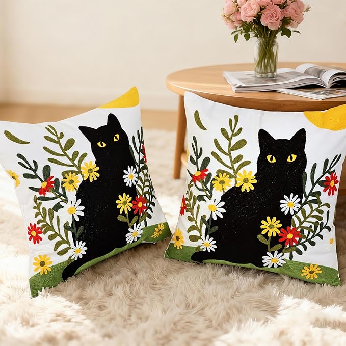 Embroidered Pillow Covers 18x18 Inch Set of 1, Black Cat and Floral Patterned Decorative Throw Pillow Covers Square Farmhouse Canvas Cushion Cases for Couch Sofa Bed Living Room Home Decor