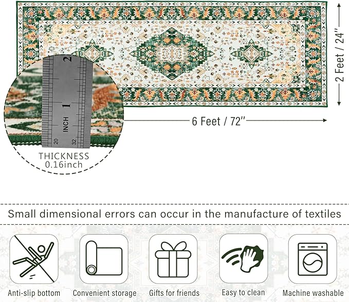 Amearea Vintage Design Runner Rugs for Living Room, 2x6 Machine Washable Floral Collection Traditional Bedroom Rug, Low Pile Cute Kids Room Print Carpet, No Slip Office Kitchen Home Decor, Green