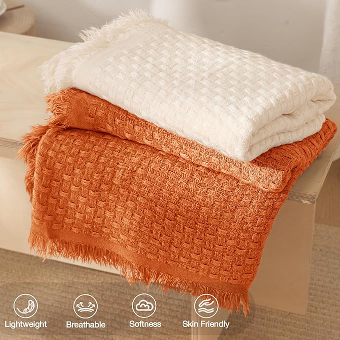 Exclusivo Mezcla Twin Size Knit Blanket with Fringes for Bed, Reversible Super Soft and Warm Woven Boho Throw for All Season, Home Decor, 60"x80", Burnt Orange