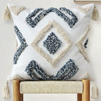 Boho Throw Pillow Covers 18x18 Inch with Tassels, Blue White Tufted Square Pillow Covers Bohemian Farmhouse Decorative Woven Cushion Cover for Couch Sofa Bedroom Living Room Home Decor