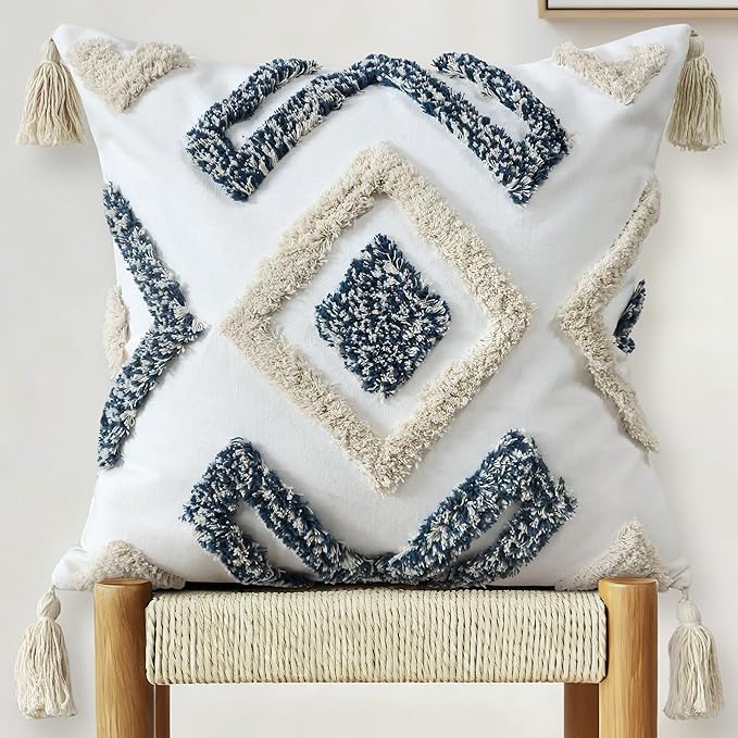 Boho Throw Pillow Covers 18x18 Inch with Tassels, Blue White Tufted Square Pillow Covers Bohemian Farmhouse Decorative Woven Cushion Cover for Couch Sofa Bedroom Living Room Home Decor