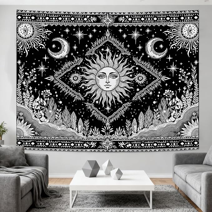 Accnicc Black and White Sun and Moon Tapestry Hippie Boho Celestial Wall Tapestry for Bedroom Aesthetic Vintage Plant Spiritual Small Tapestries Wall Hanging for Dorm Living Room Decor 60 x 44 Inch