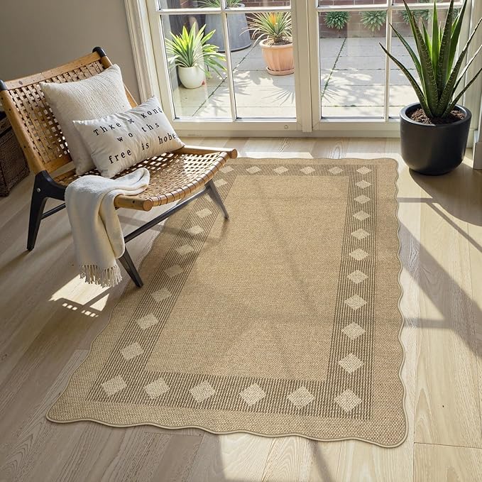 LIVEBOX Scalloped Easy Jute Diamond 3x5 Outdoor Rug, Washable Non-Slip Tan Rugs for Entryway, Geometric Checkered Indoor Outdoor Rug Farmhouse Carpet Door Mat for Patio Porch Bedroom Living Room
