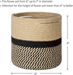 TIMEYARD Sturdy Jute Rope Plant Basket Modern Woven Basket up to 7.5 Inch Flower Pot Floor Indoor Planters, 8” x 8” Storage Organizer Baskets Rustic Home Decor, Black Stripes
