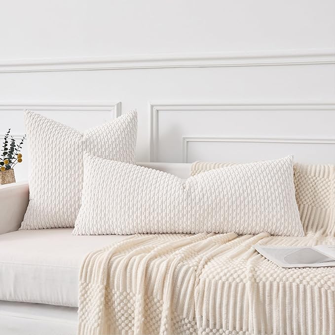 Kevin Textile 12x20 Inch Pillow Cover 1 Pack Boho Christmas Decorative Soft Striped Corduroy Lumbar Farmhouse Color Accent Rectangle Cushion Case for Living Room Couch Sofa Bed, Pure White
