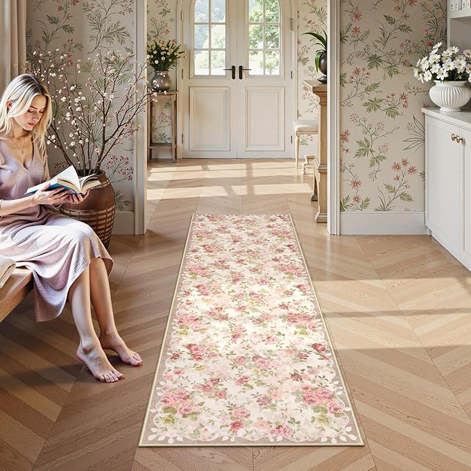 Lahome Floral Runners for Hallways Non Slip, 2x6 Washable Kitchen Runner Rug, Soft Boho Throw Carpet for Girls Bedside Bedroom Laundry Bathroom Nina Beige/Pink/Multi