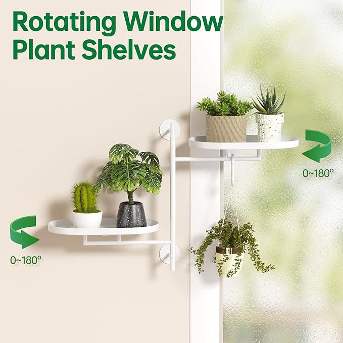 Rotating Window Shelves for Multiple Plants Indoor,2-tier Metal Corner White Plant Stand Holder Floating Hanger Shelf for Wall，Windows Sill Gifts for Planter Lover to Enhance Home Decor
