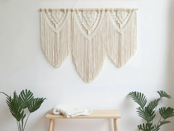 oiikain Large Handmade Boho Macrame Wall Hanging Tapestry - Chic Bohemian Woven Home Decor art for Living Room, Bedroom, and Wedding Parties (Beige, twelve rhombus)