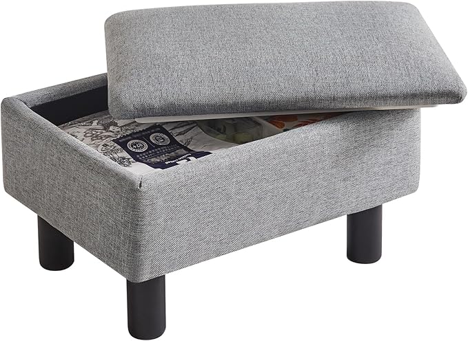 IBUYKE Storage Ottoman Footrest Stool with Linen Fabric, Rectangular, Flip Top Lid, Non-Slip Feet, Compact Design, Stylish and Functional, Gray Blue RF-BD224