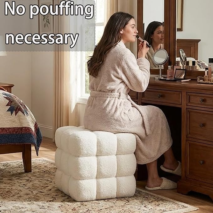White Square Ottoman 17''3 Cube Pouf Installed,no Vacuum,Sturdy Wooden Frame,Capacity 330 lbs,Modern Sofa Stool Fuzzy Sherpa Footstool,Foot Rest,Cube Boucle,Vanity Stool,for Couch Living Room