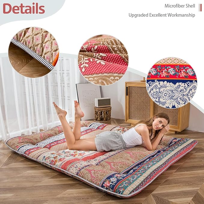 MAXYOYO Bohemian Retro Floor Mattress Vintage Floral Japanese Futon Mattress Roll Up Thicken Sleeping Bed Portable Camping Mattress Floor Lounger Couch Bed Mattress Pad, King Size