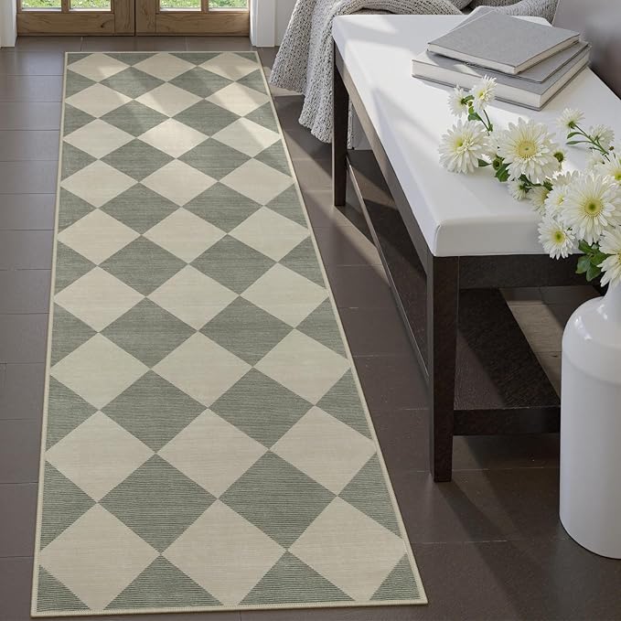 Beeiva Checkered Print Kitchen Runner Rugs Non Skid Washable 2.5x8, Ultra Thin Low Pile Green Runners for Hallways 8ft, Geometric Farmhouse Floor Carpet for Bedroom Entryway, Modern Plaid Home Decor